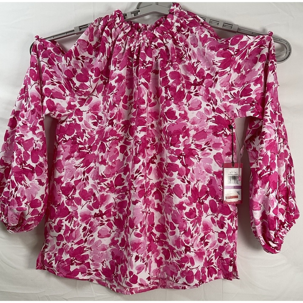 NWT‎ Women's Vince Camuto Blooming Brights Hot Pink Cold Shoulder Blouse XXS
